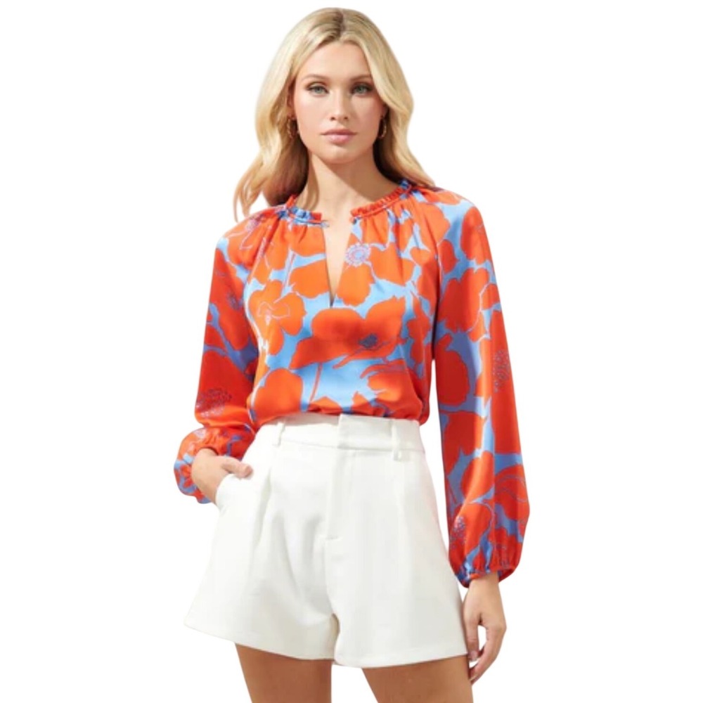 Sugarlips Jovie Split Neck Satin Blouse Poppy Floral Print Ruffle Collar XS NEW